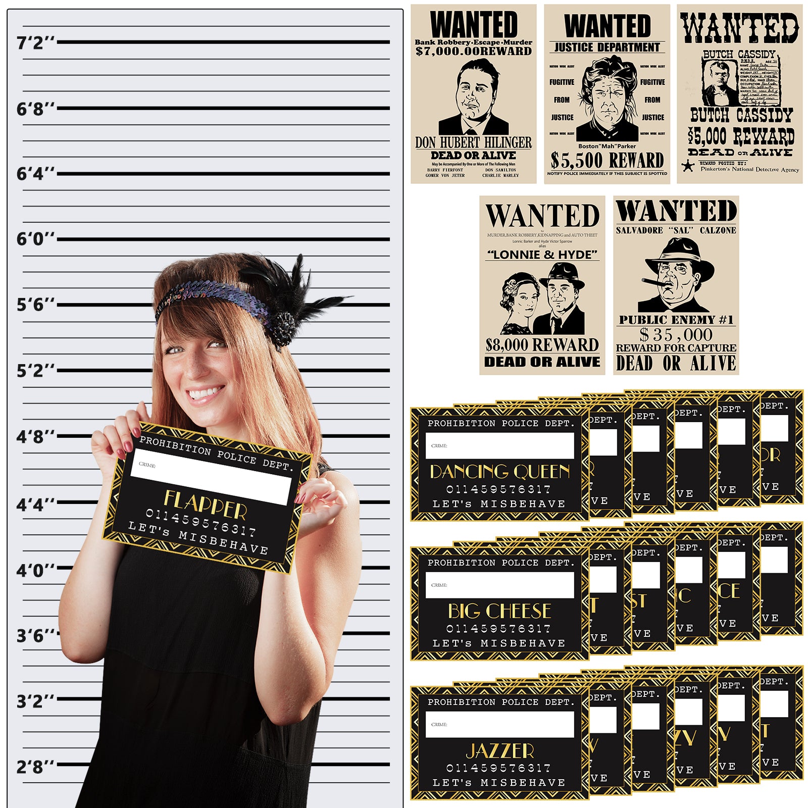 Roaring 20s Mug Shot Photo Booth Props Height Chart Backdrop