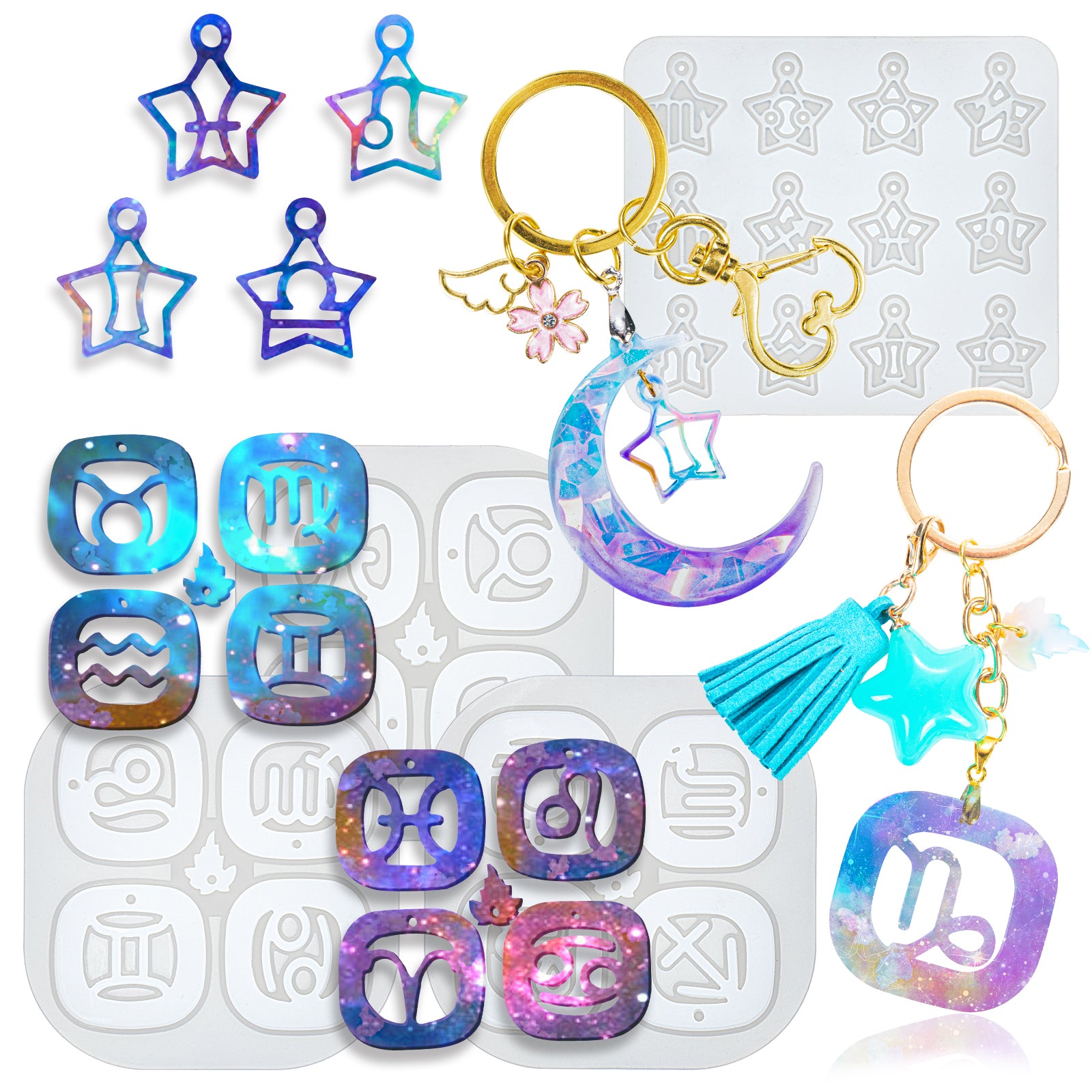 Funshowcase Zodiac Resin Silicone Molds Pack of 9 for Keychain Charms Necklace Pendant Earring Bracelet Jewelry Making, 4073 4435-4437 Pack of 4