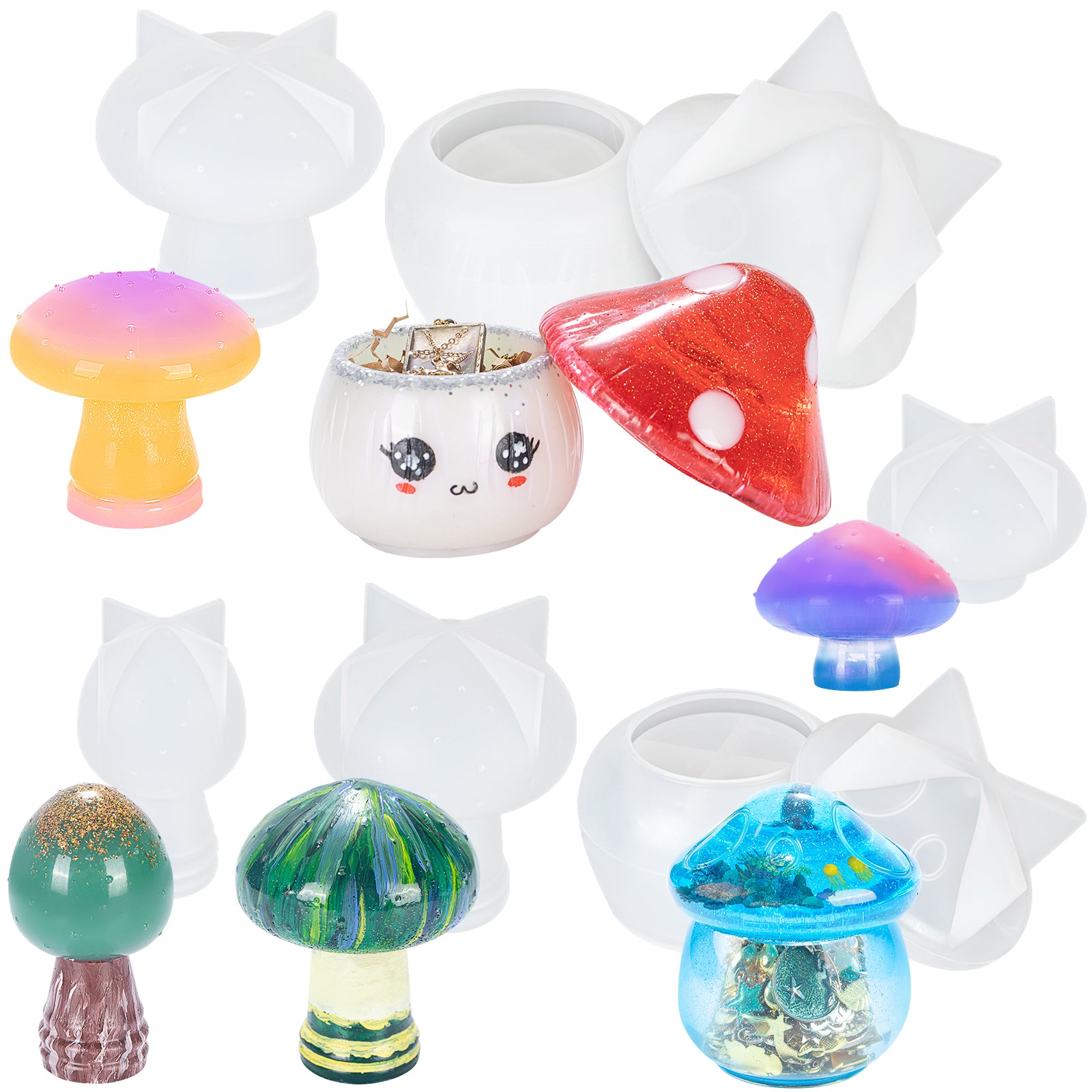 Funshowcase Mushroom Epoxy Resin Silicone Mold Variety Pack of 6 with Lid