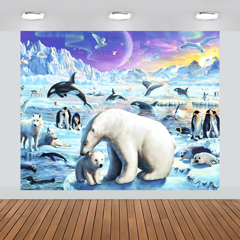 Polar Animals with Aurora Scenic Backdrop 7x6feet