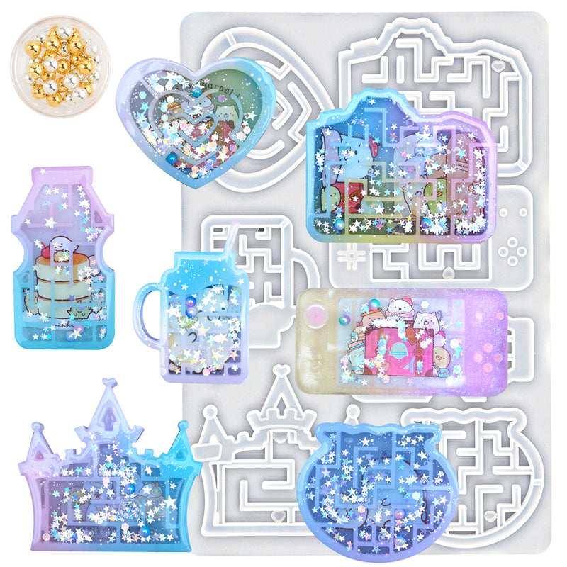 Maze Shaker Quicksand Epoxy Resin Silicone Molds Set with Beads, Seal Films