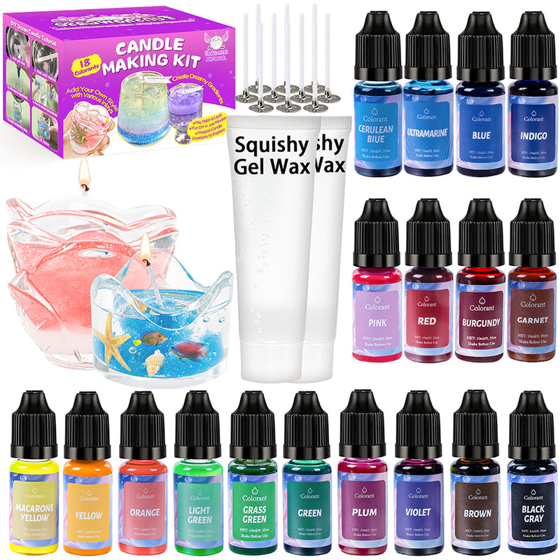 Candle Making Supplies Pack Squishy Gel Wax, Coloring Liquid Dye, Wicks