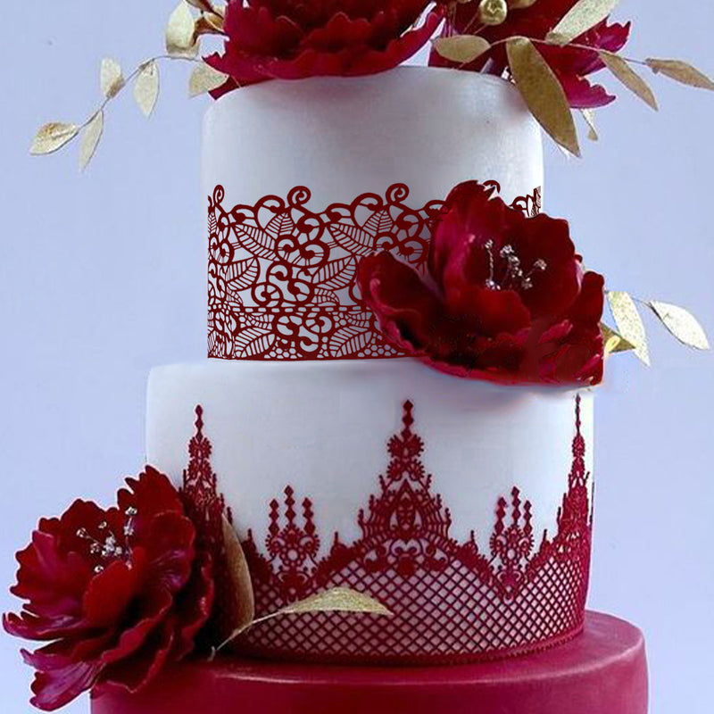 Large Edible Cake Lace Leaf Scroll Red 14-inch