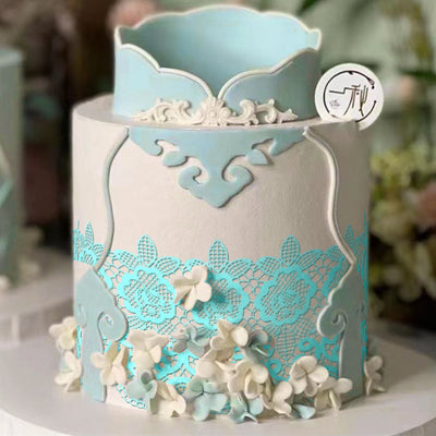 Large Edible Cake Lace Floral Medallion Blue 12-inch 10-Piece Set