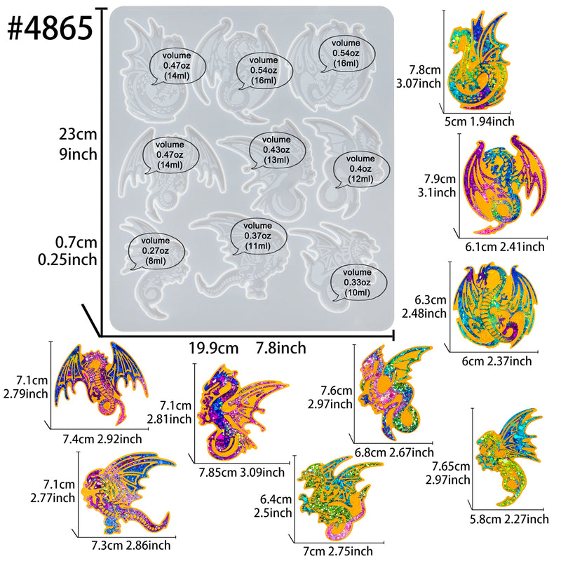 Flying Dragon Keychain Silicone Epoxy Resin Mold 9-cavities