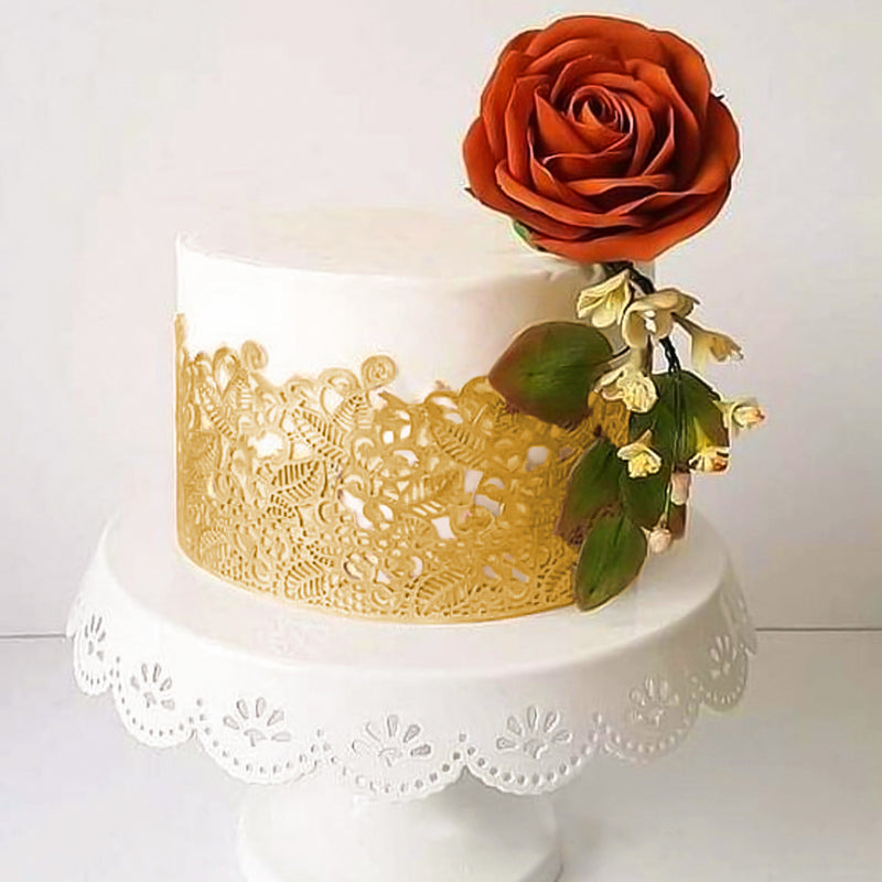 Large Edible Cake Lace Leaf Scroll Golden 14-inch