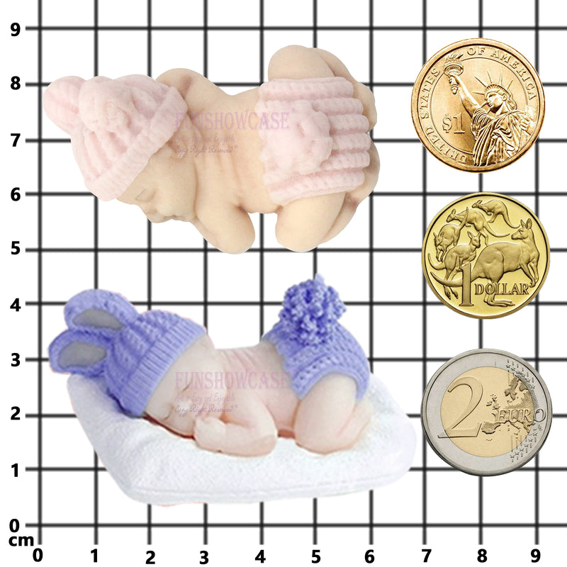 Sleeping Baby with Pillow Fluffy Hat Pants Silicone Molds 2-count