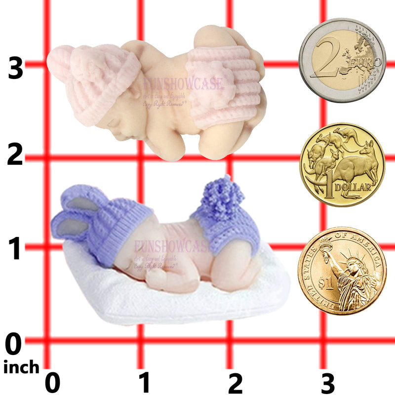 Sleeping Baby with Pillow Fluffy Hat Pants Silicone Molds 2-count