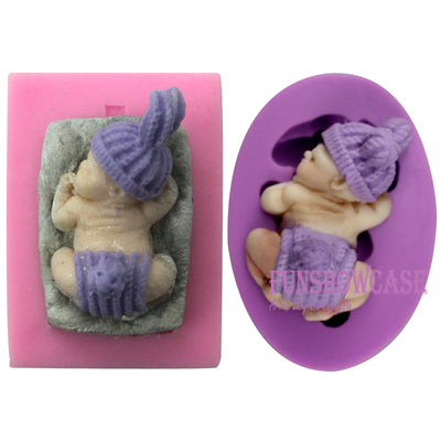Sleeping Baby with Pillow Fluffy Hat Pants Silicone Molds 2-count