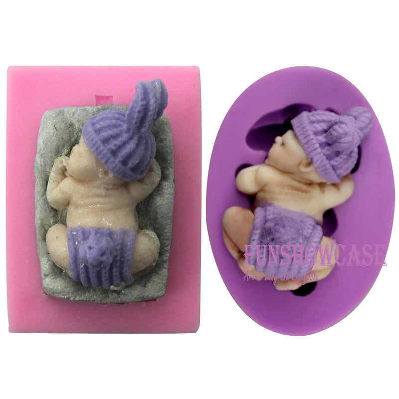 Sleeping Baby with Pillow Fluffy Hat Pants Silicone Molds 2-count