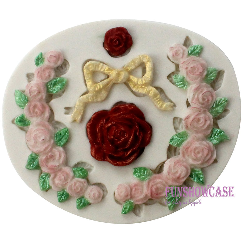 Swag Rose and Ribbon Bow Fondant Silicone Mold for Cake Border Decoration