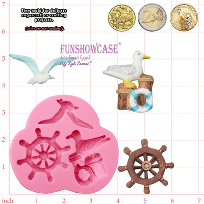 Sea Life Fondant Silicone Mold Nautical Seagull and Ship wheel 3-Cavity