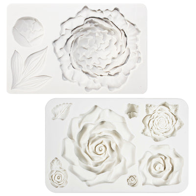 Large Rose and Peony Flower Fondant Silicone Molds 2 in Set