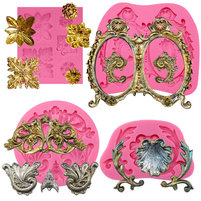 Floral Medallion Flourish Scrollwork Frame Silicone Molds 4-Count