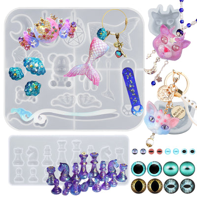 Resin Casting Molds Jewelry Making 218-kit, Chess|3 Eyed Kitty|Hair Pin Silicone Tray