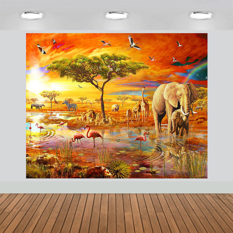 Tropical African Forest Jungle Backdrop Sunset Elephant in Lake 7x6feet