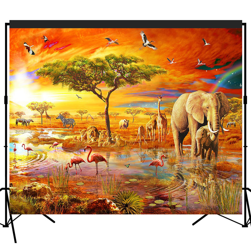 Tropical African Forest Jungle Backdrop Sunset Elephant in Lake 7x6feet