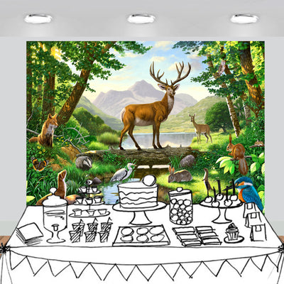 Woods Animals Deer by Lake Backdrop 7x6feet