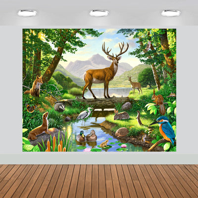 Woods Animals Deer by Lake Backdrop 7x6feet