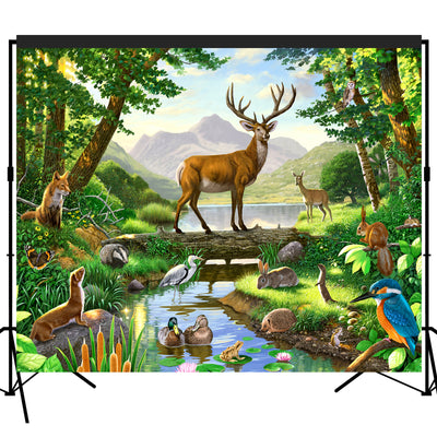 Woods Animals Deer by Lake Backdrop 7x6feet