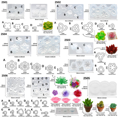 Succulent Flower & Pot Silicone Resin Molds Set of 6 Mini Trays