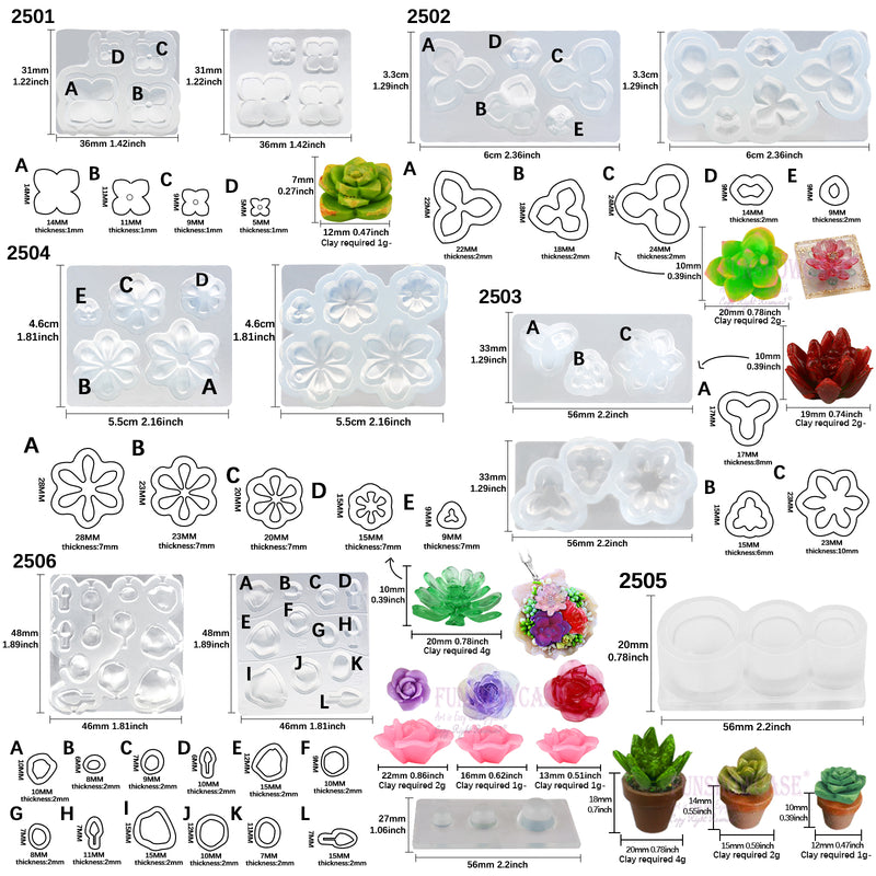 Succulent Flower & Pot Silicone Resin Molds Set of 6 Mini Trays