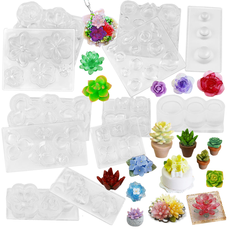 Funshowcase Succulent Flower & Pot Silicone Resin Molds Set of 6 Mini Trays