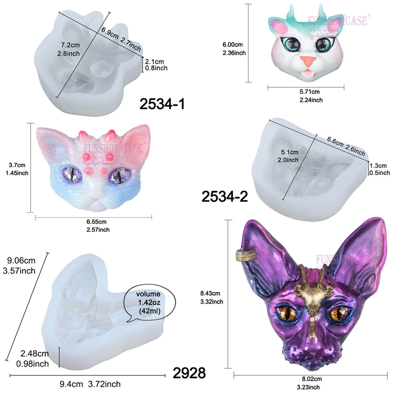 Cat Head Silicone Resin Molds Set 3-count Sphynx|Dragon Cat|Horns