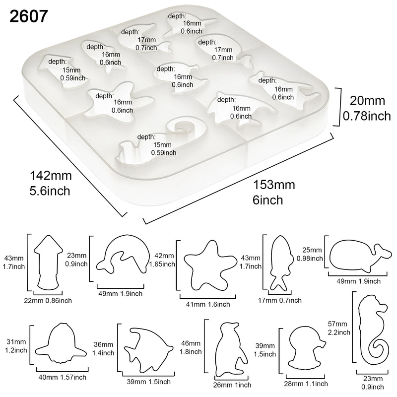 Ocean Animals Silicone Resin Mold Height 1.4-2.4inch