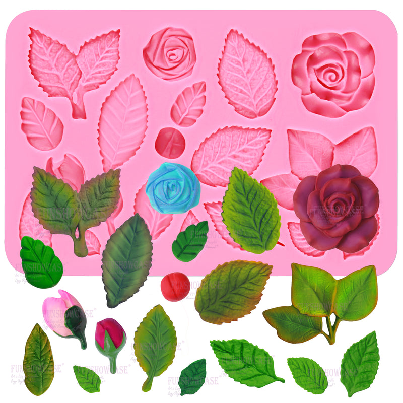 Rose Flower Leaf Assortment Silicone Mold 19-cavity Height 0.5-1.8inch