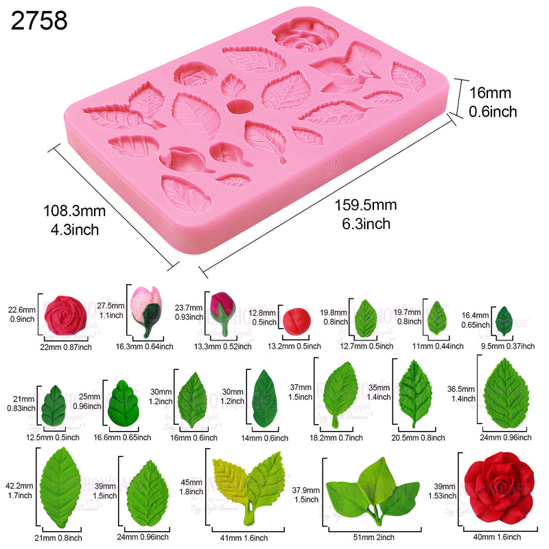 Rose Flower Leaf Assortment Silicone Mold 19-cavity Height 0.5-1.8inch