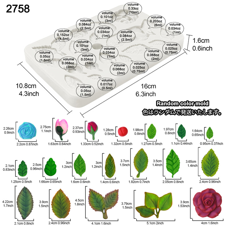 Rose Flower and Leaf Silicone Fondant Molds 40-Cavity 2-Tray