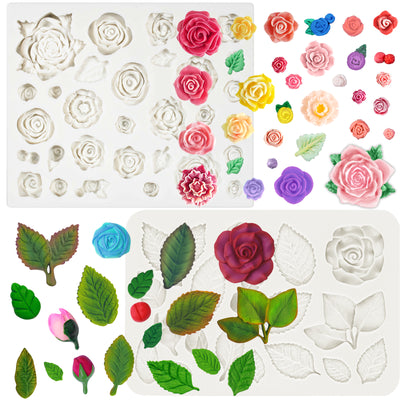 Rose Flower and Leaf Silicone Fondant Molds 40-Cavity 2-Tray