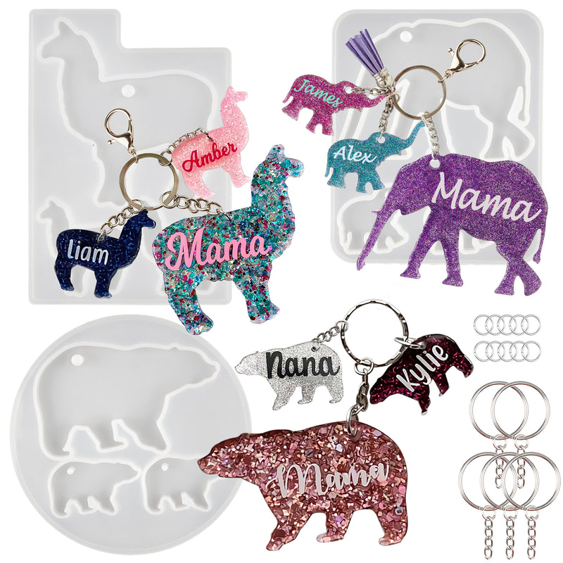 Mama and Baby Tags Epoxy Resin Molds Set with Key Chain Rings Llama|Bear|Elephant