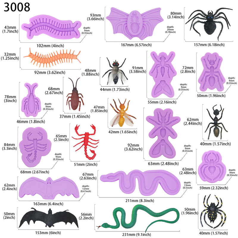 Scary Prank Fondant Silicone Molds Set 10-count Insects|Bat|Snake