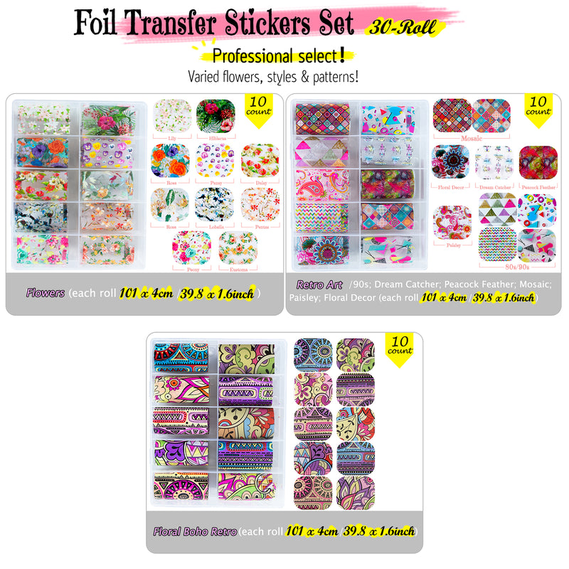Foil Transfer Stickers Set 30-Roll Laser Flower|Retro Bohemian|80s Geometry