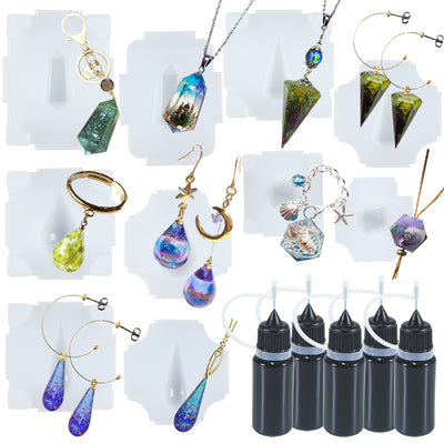 3D Geometric Gem Cabochon UV Resin Casting Silicone Mold with 5 Precision Tip Applicator Bottles 10-count