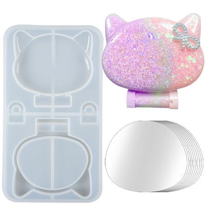 Cat Head Compact Mirror Resin Silicone Mold with 10 Mirrors