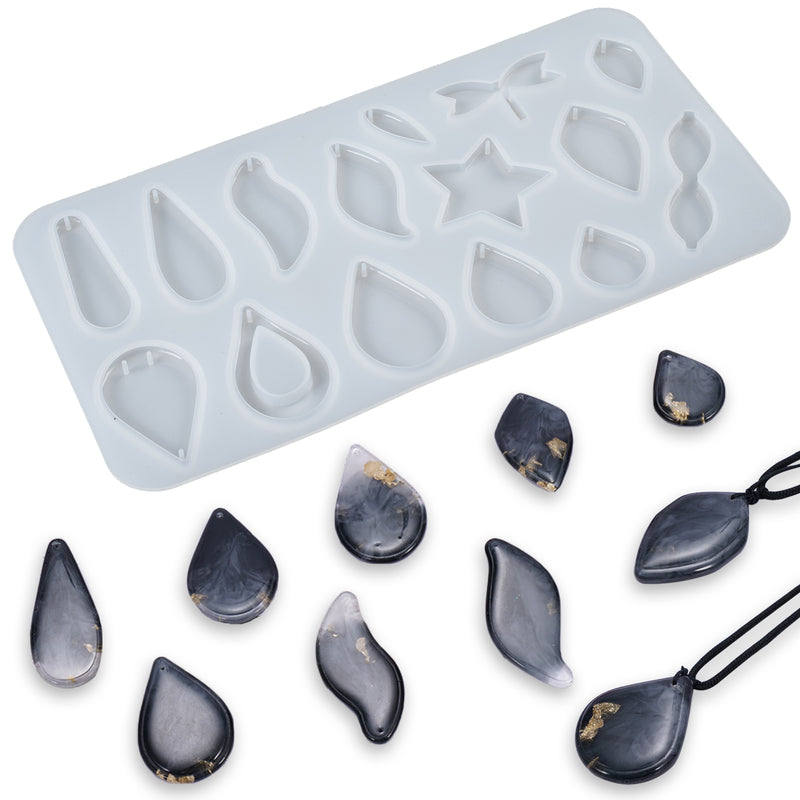 Resin Pendant Silicone Mold 15-cavity Teardrop|Dragonfly|Star|Leaf