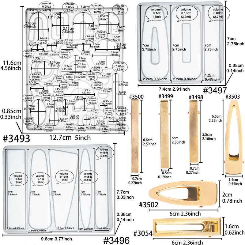 Resin Jewelry Casting Molds with Metal Barrettes for Earrings, Hair Clip 19-in-set