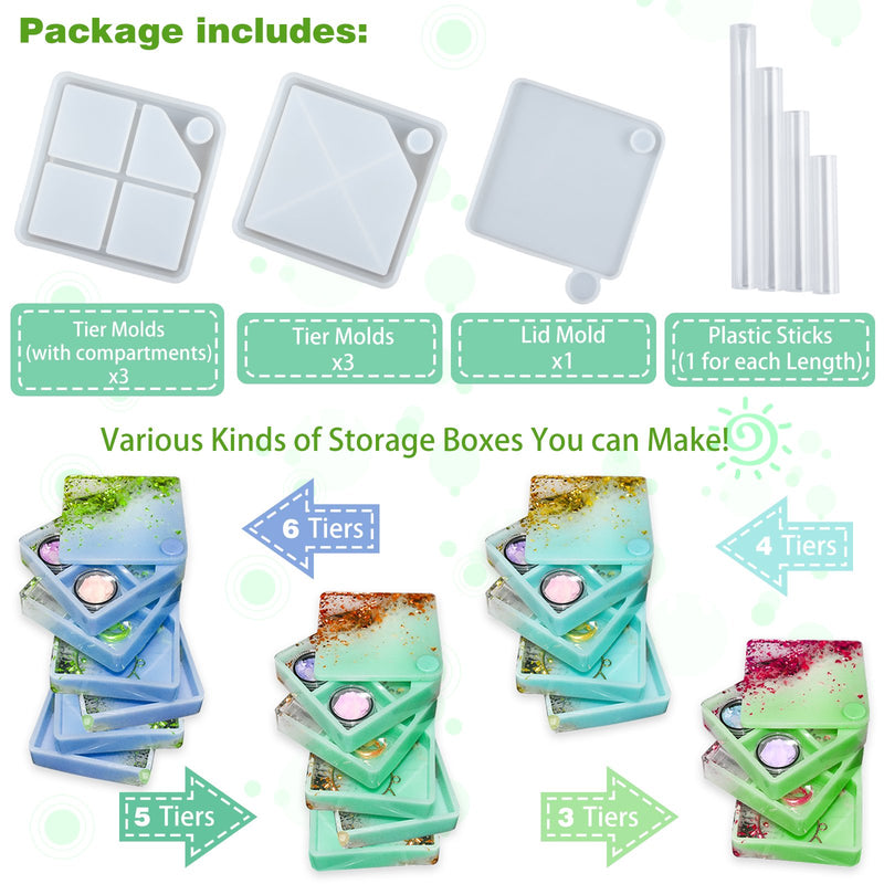 Rotating Trinket Box Resin Silicone Molds Set 11-count, Square 4.1inch