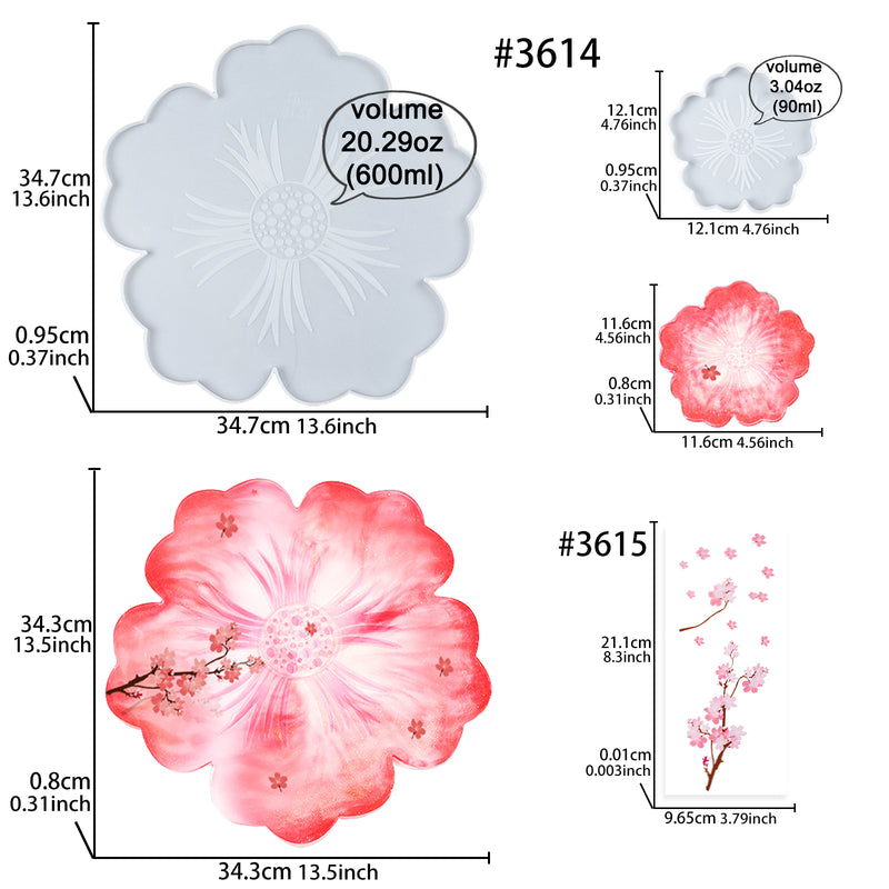 Flower Coaster Epoxy Resin Silicone Molds Set Large Tray with Sticker 7-in-set