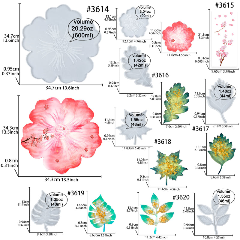Coaster Epoxy Resin Silicone Molds Set Flower Leaf Shaped with Large Tray, Sticker 12-count
