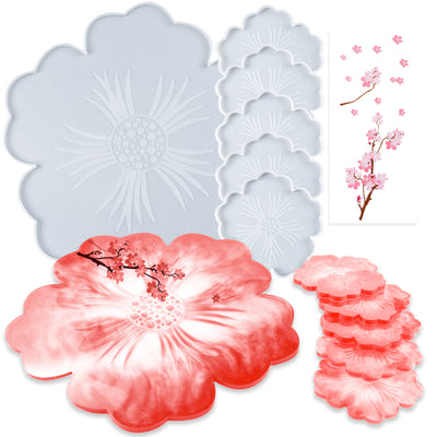 Flower Coaster Epoxy Resin Silicone Molds Set Large Tray with Sticker 7-in-set