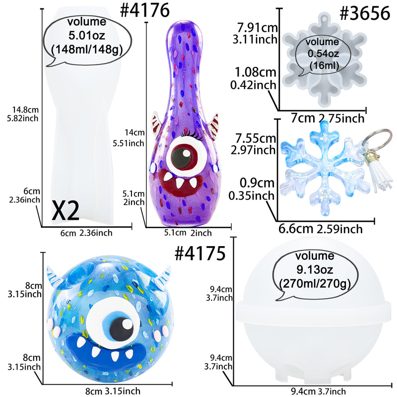 Resin Bowling Game Silicone Molds Set, Pins and Ball Gift Match Snowflake Epoxy Casting Tray