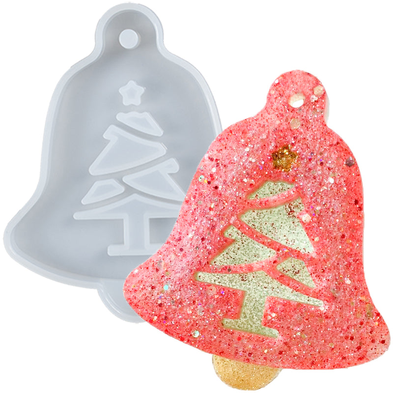 Christmas Bell Tag Resin Silicone Mold with Haning Hole, Xmas Tree