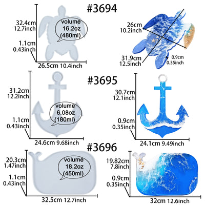 Serving Board Epoxy Resin Silicone Molds Turtle Whale Anchor 3-in-set Extra Large 12.5inch