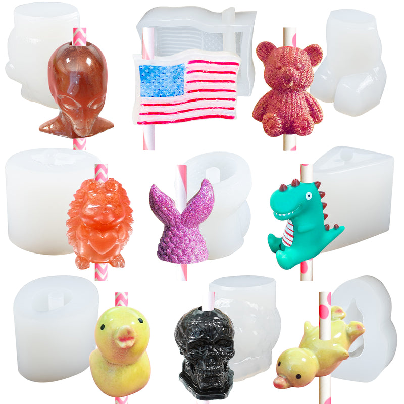 Straw Topper Epoxy Resin Silicone Molds Set 9-Count Alien|Skull Head|American Flag|Mermaid Tail|Animals