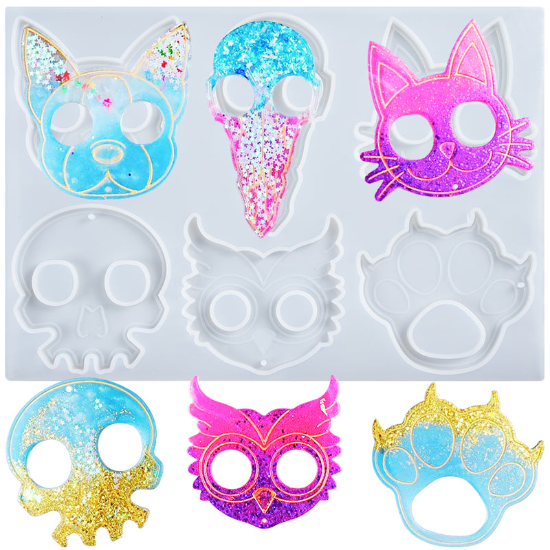 Defense Keychain Resin Silicone Mold 6-shape Owl|Cat|Dog|Paw|Skull|Raven