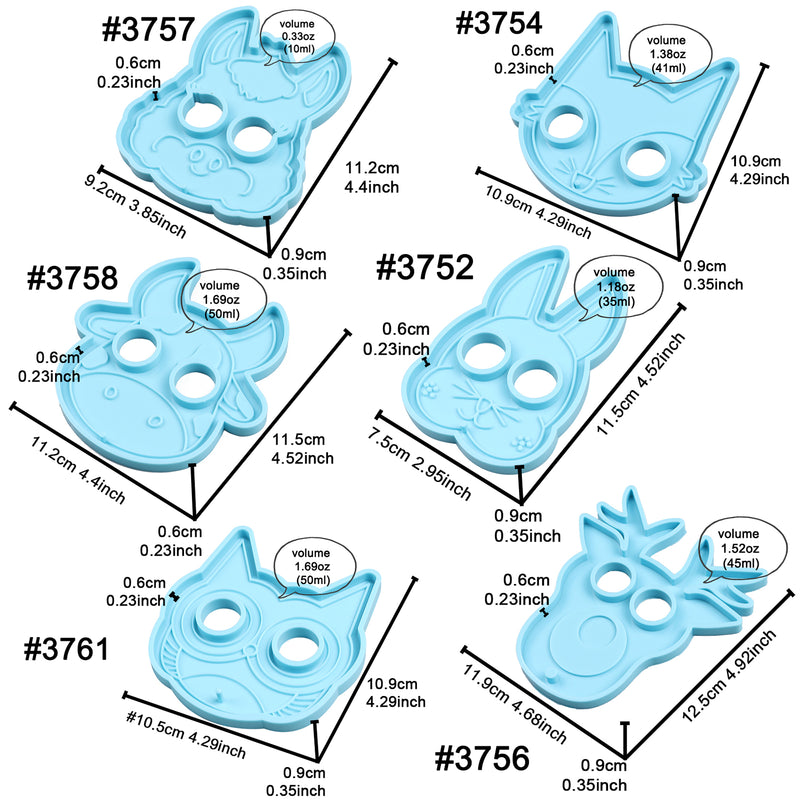 Defense Keychain Epoxy Resin Silicone Molds 6-in-Set Fox|Elk|Cow|Alpaca|Owl|Rabbit